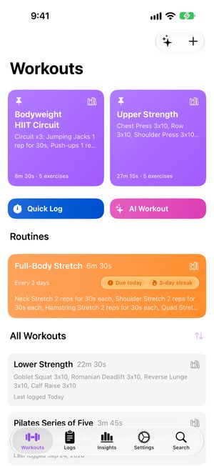 Exercise workouts screen on iPhone