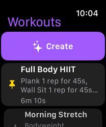 Apple Watch workout list with a Create button at the top